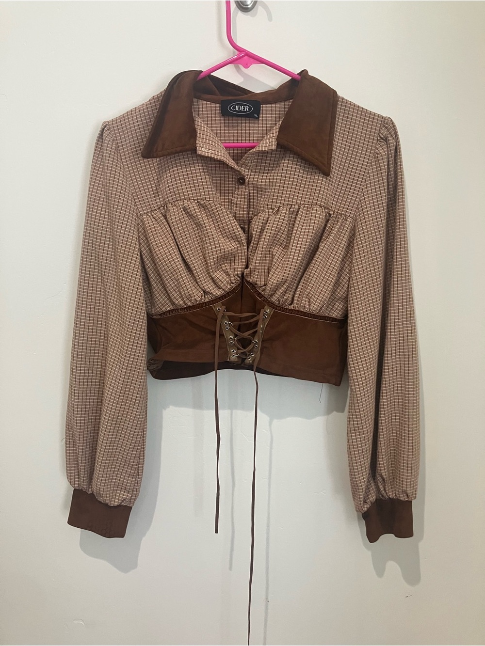 Cider Brown Plaid Cropped Lace-Up Shirt Jacket